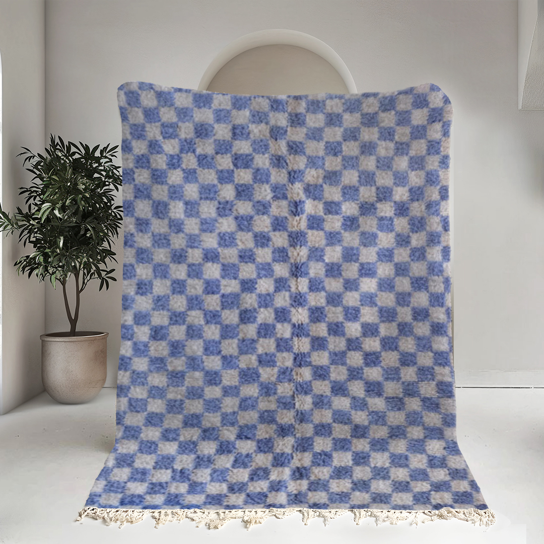 Moroccan custom rug from Beni Ourain, Wool and Thread, Blue