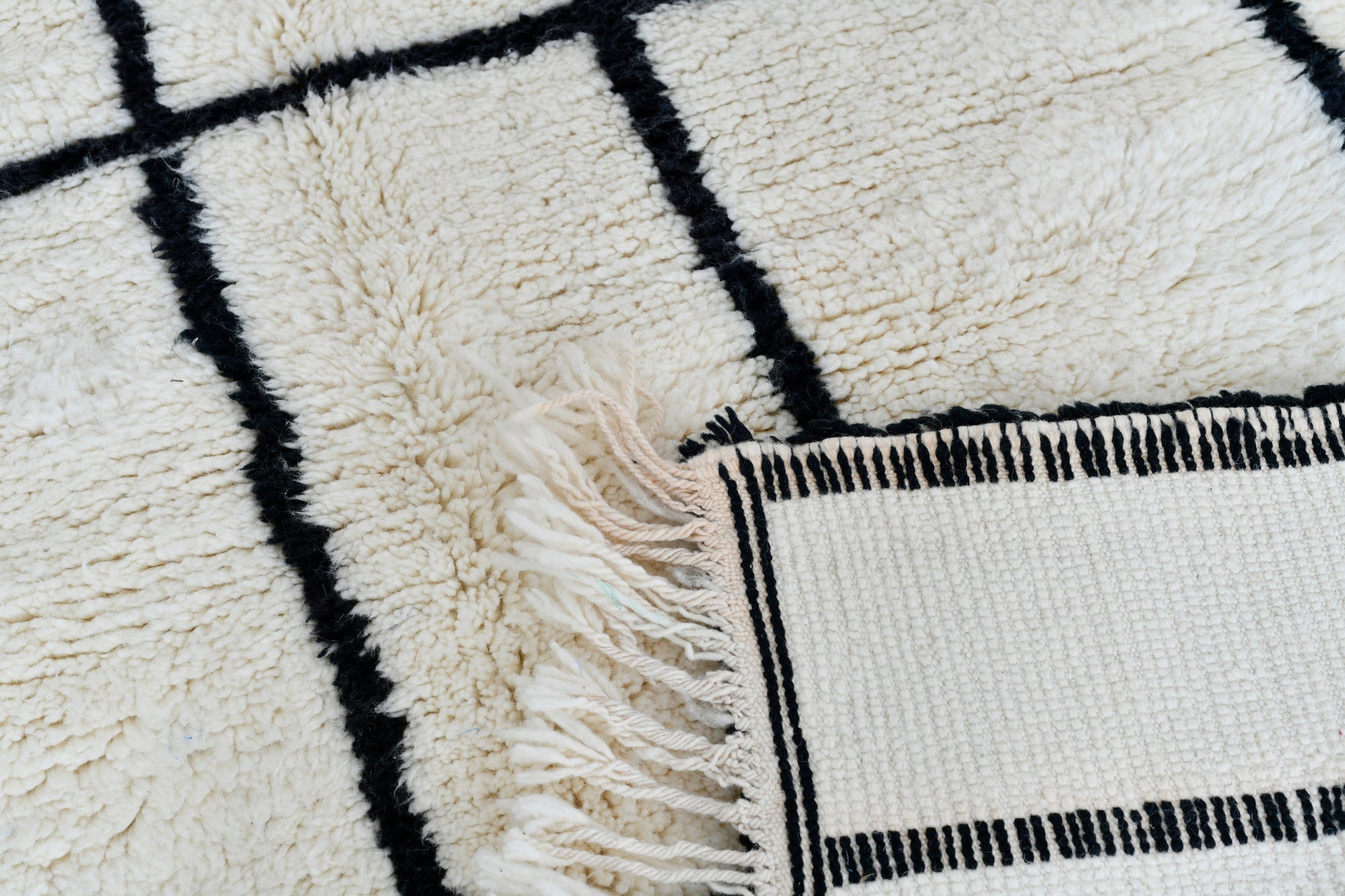 Moroccan custom rug from Beni Ourain, Wool and Thread, black and white