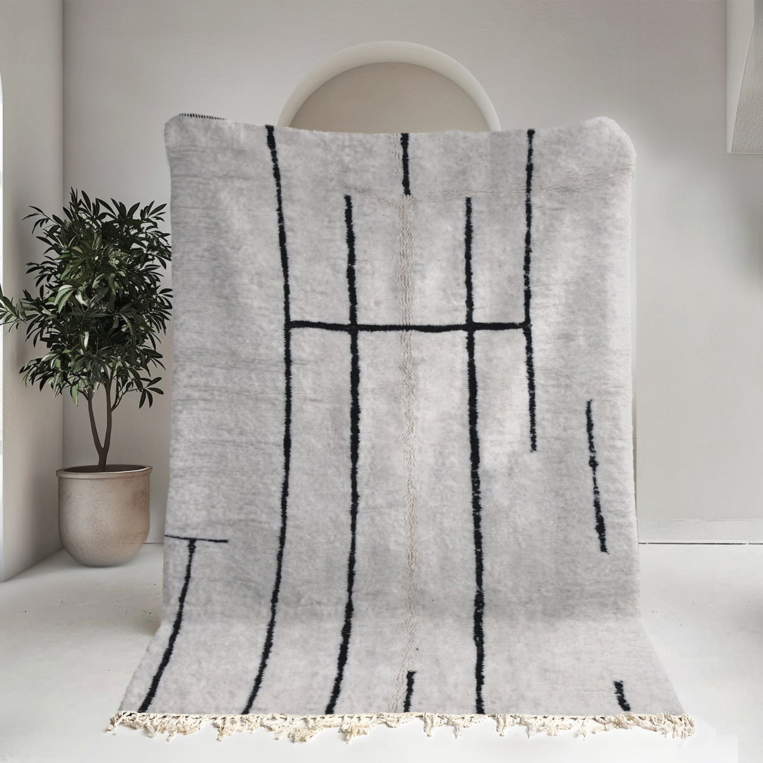Moroccan custom rug from Beni Ourain, Wool and Thread, black and white