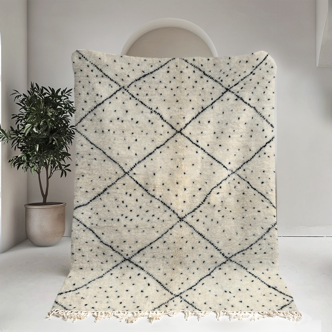 Moroccan custom rug from Beni Ourain, Wool and Thread, black and white