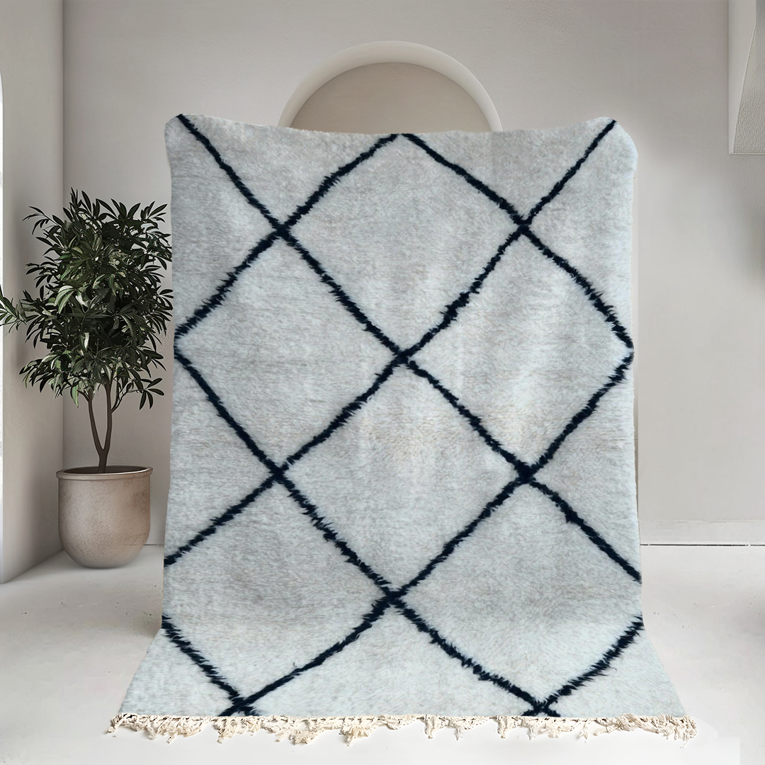 Moroccan custom rug from Beni Ourain, Wool and Thread, black and white