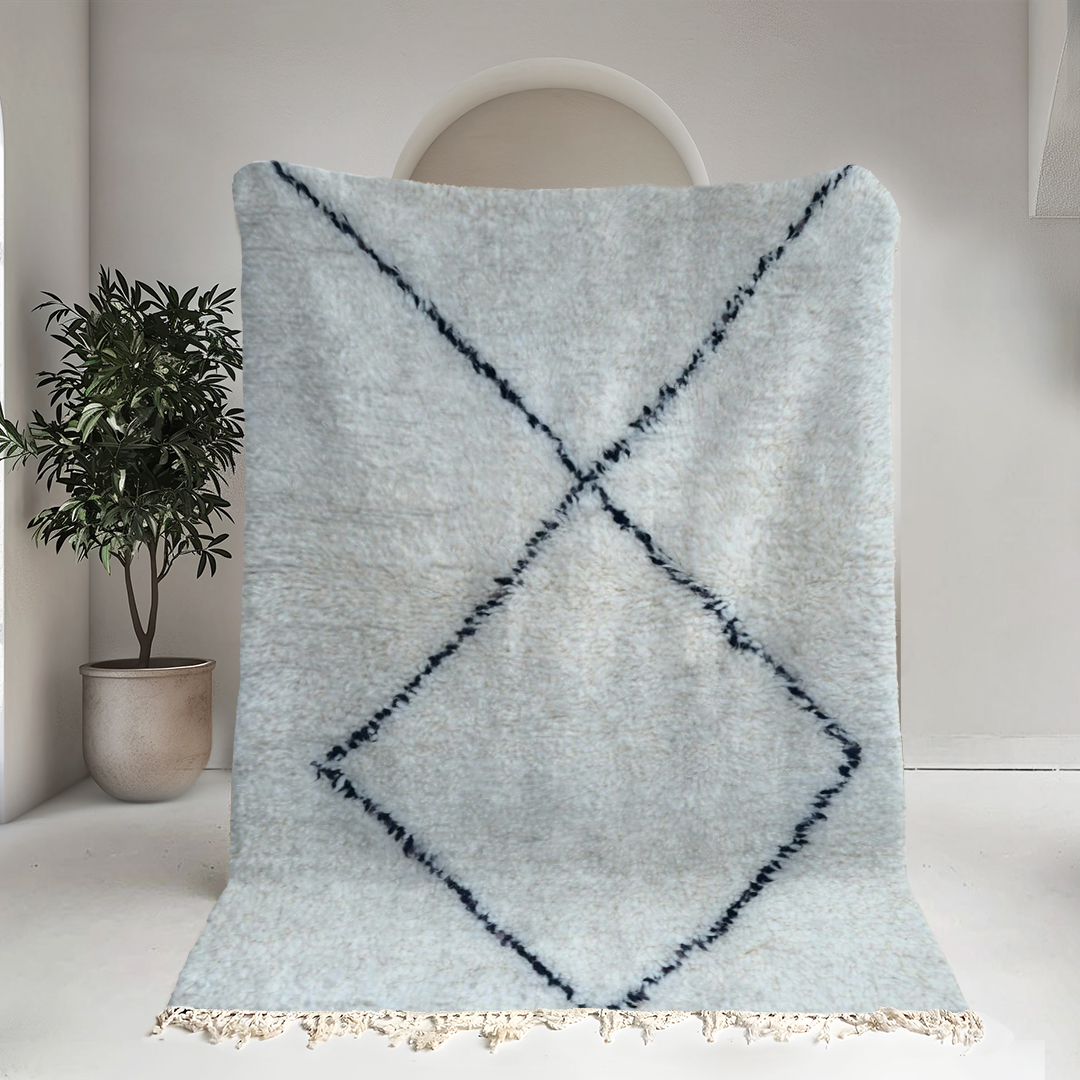 Moroccan custom rug from Beni Ourain, Wool and Thread, black and white
