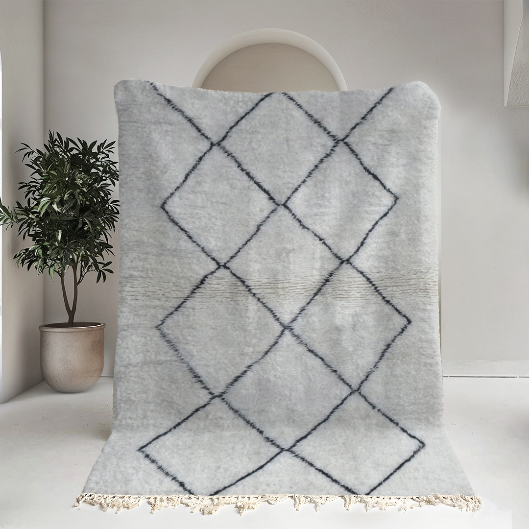 Moroccan custom rug from Beni Ourain, Wool and Thread, black and white