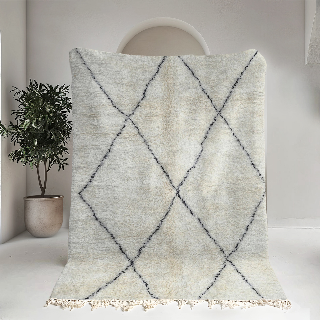 Moroccan custom rug from Beni Ourain, Wool and Thread, black and white