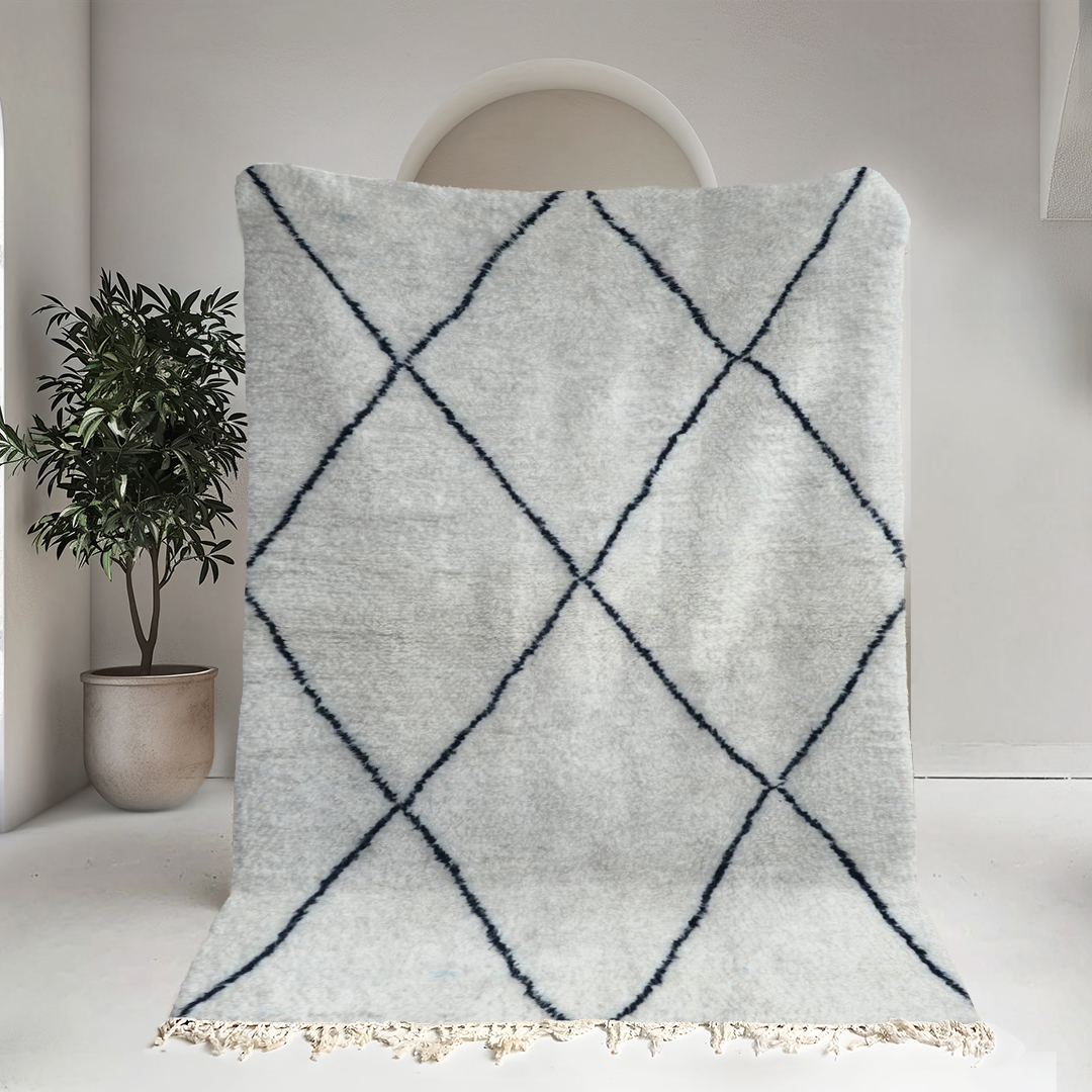 Moroccan custom rug from Beni Ourain, Wool and Thread, White