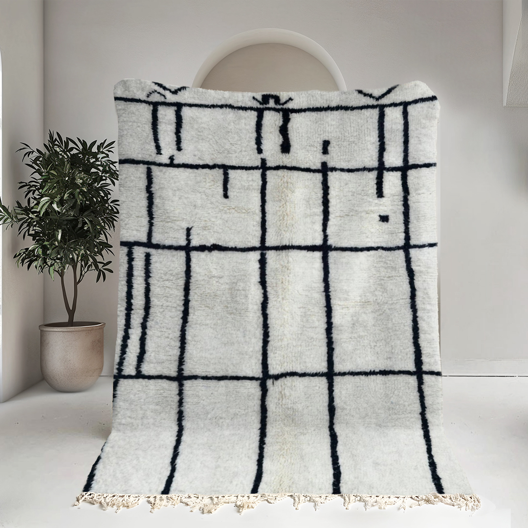 Moroccan custom rug from Beni Ourain, Wool and Thread, black and white
