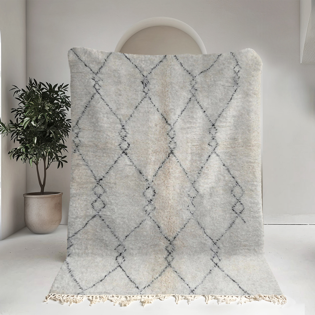 Moroccan custom rug from Beni Ourain, Wool and Thread, White