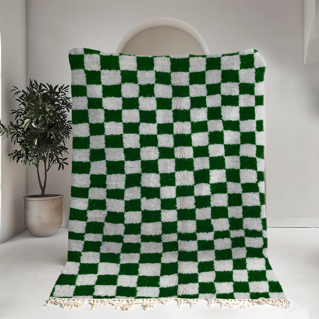 Moroccan custom rug from Beni Ourain, Wool and Thread, Green