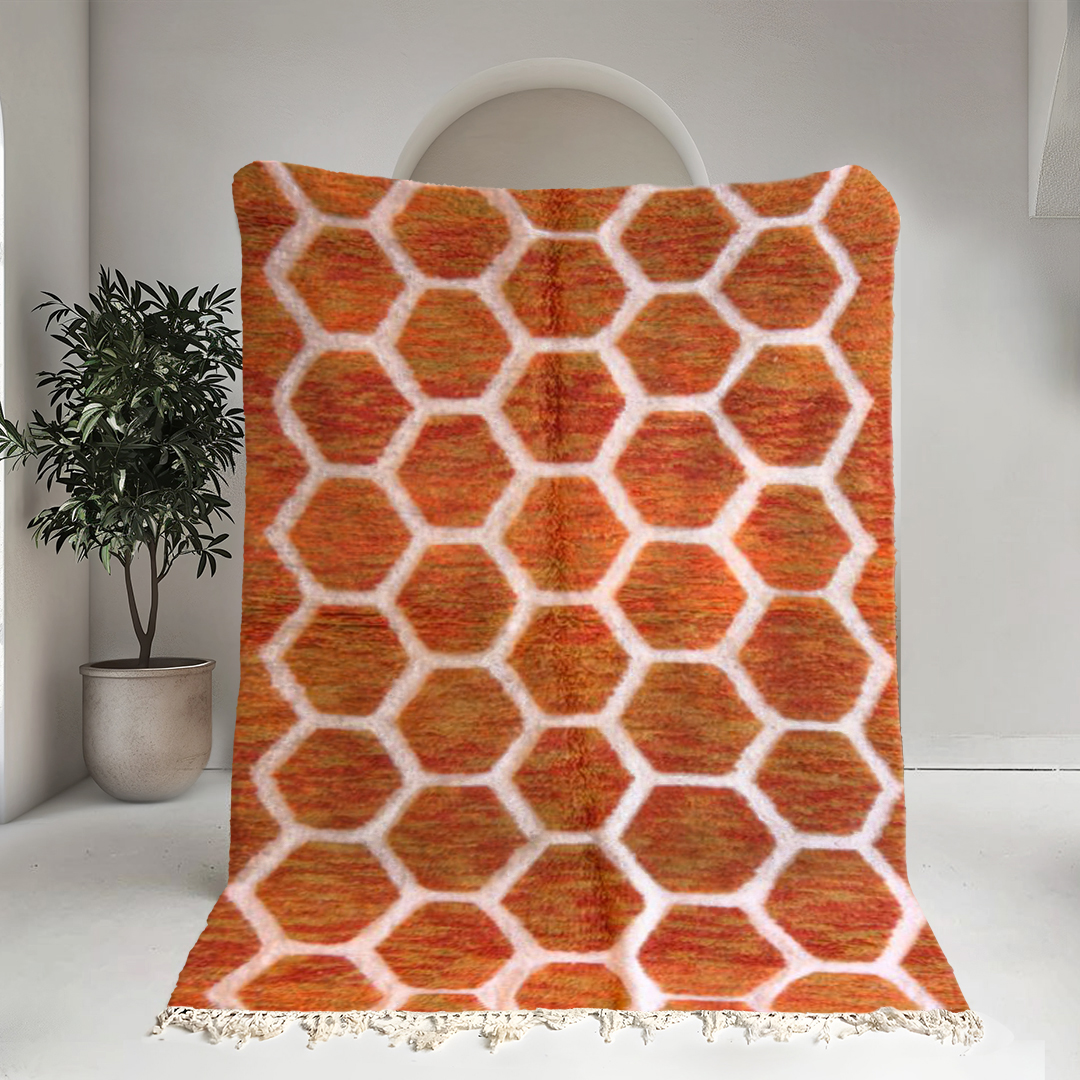 Moroccan custom rug from Beni Ourain, Wool and Thread, Orange