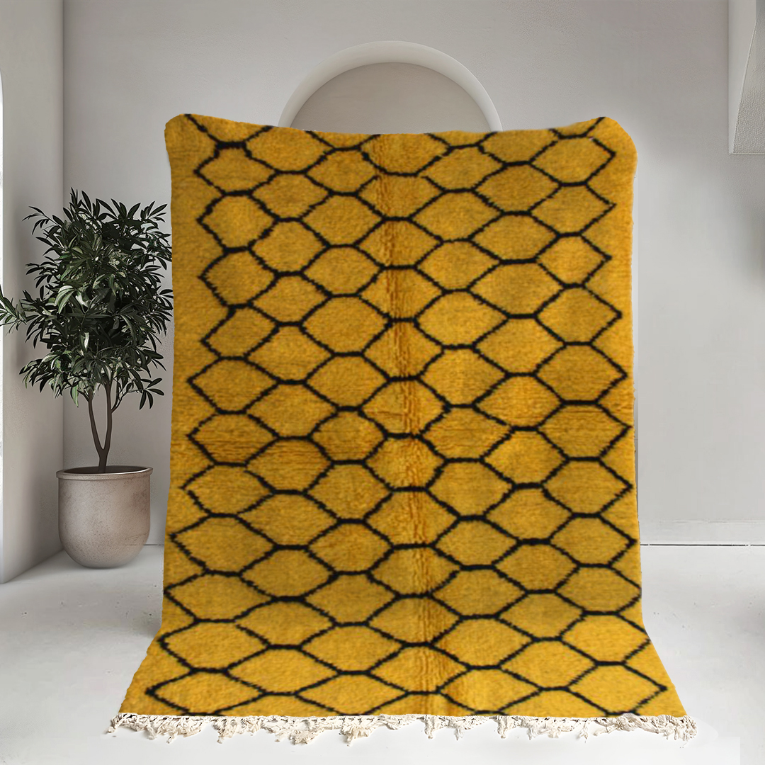 Moroccan custom rug from Beni Ourain, Wool and Thread, Yellow