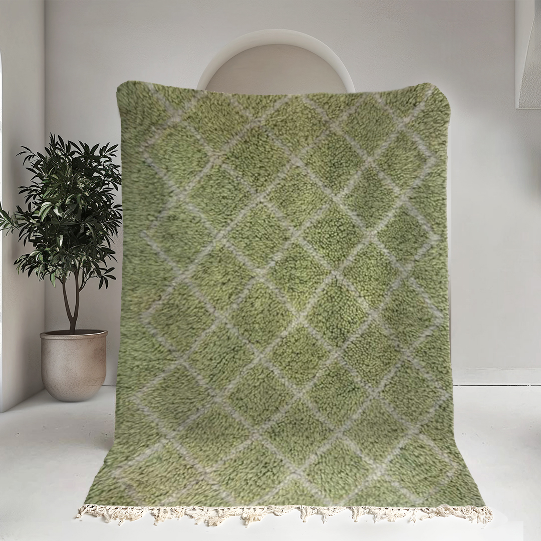 Moroccan custom rug from Beni Ourain, Wool and Thread, Green