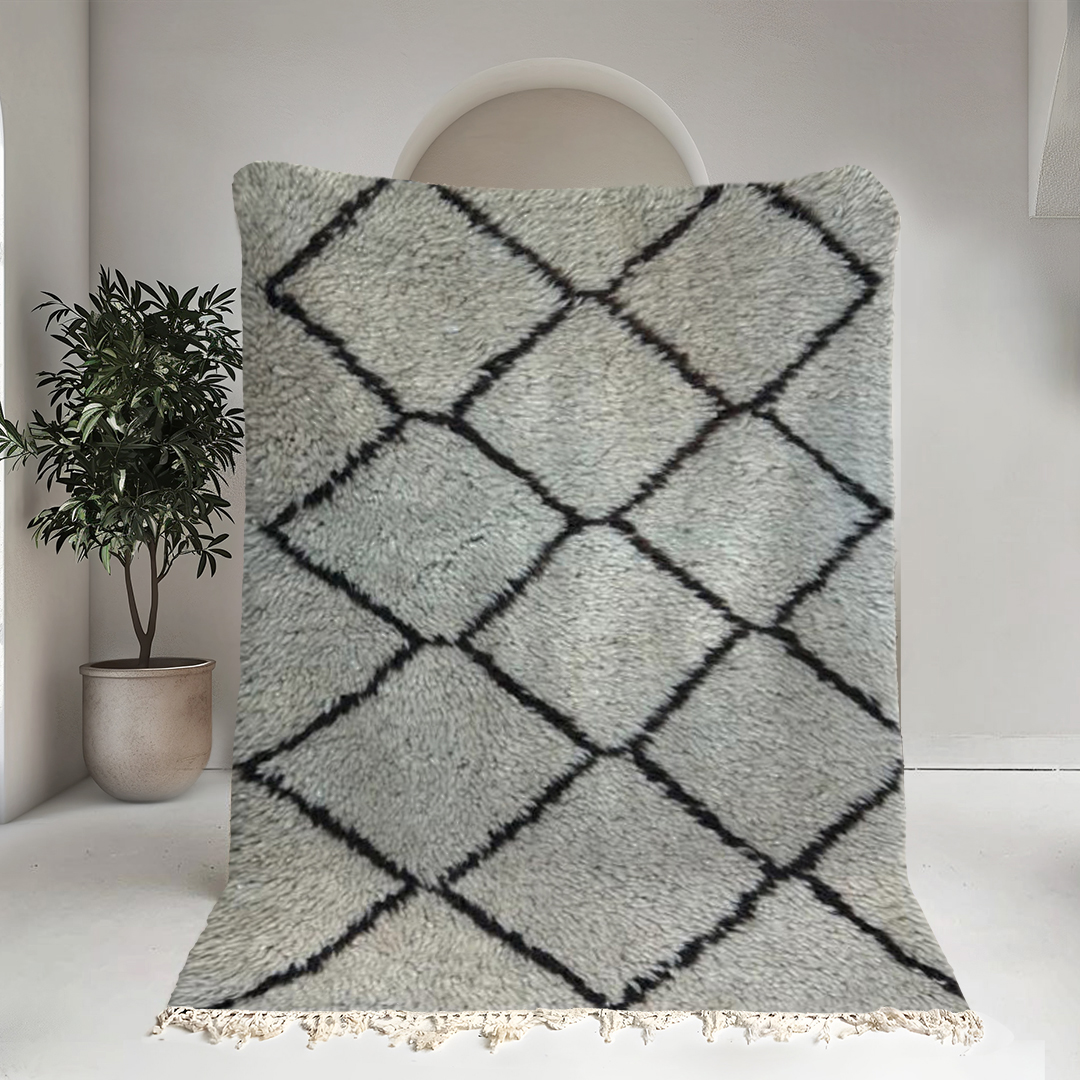 Moroccan custom rug from Beni Ourain, Wool and Thread, White