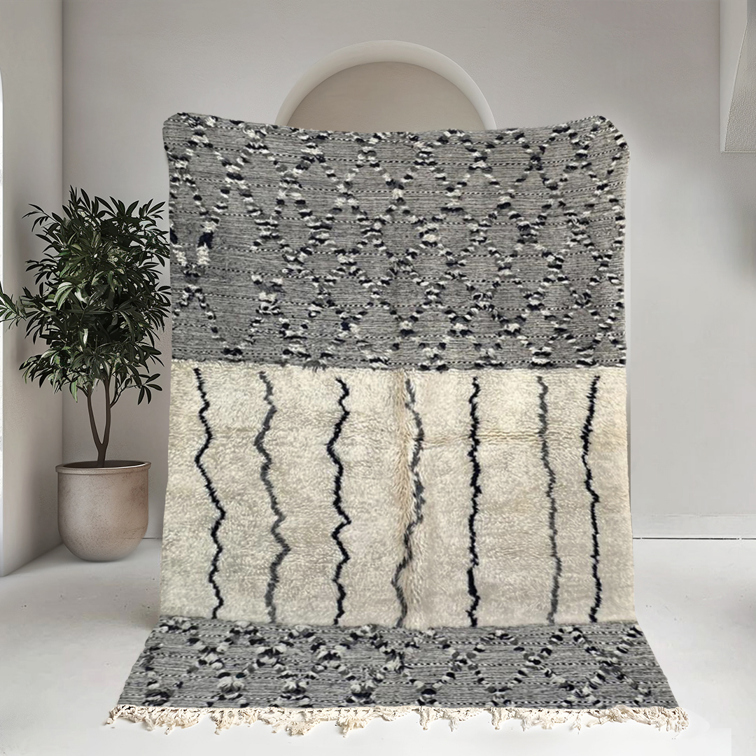 Moroccan custom rug from Beni Ourain, Wool and Thread, black and white