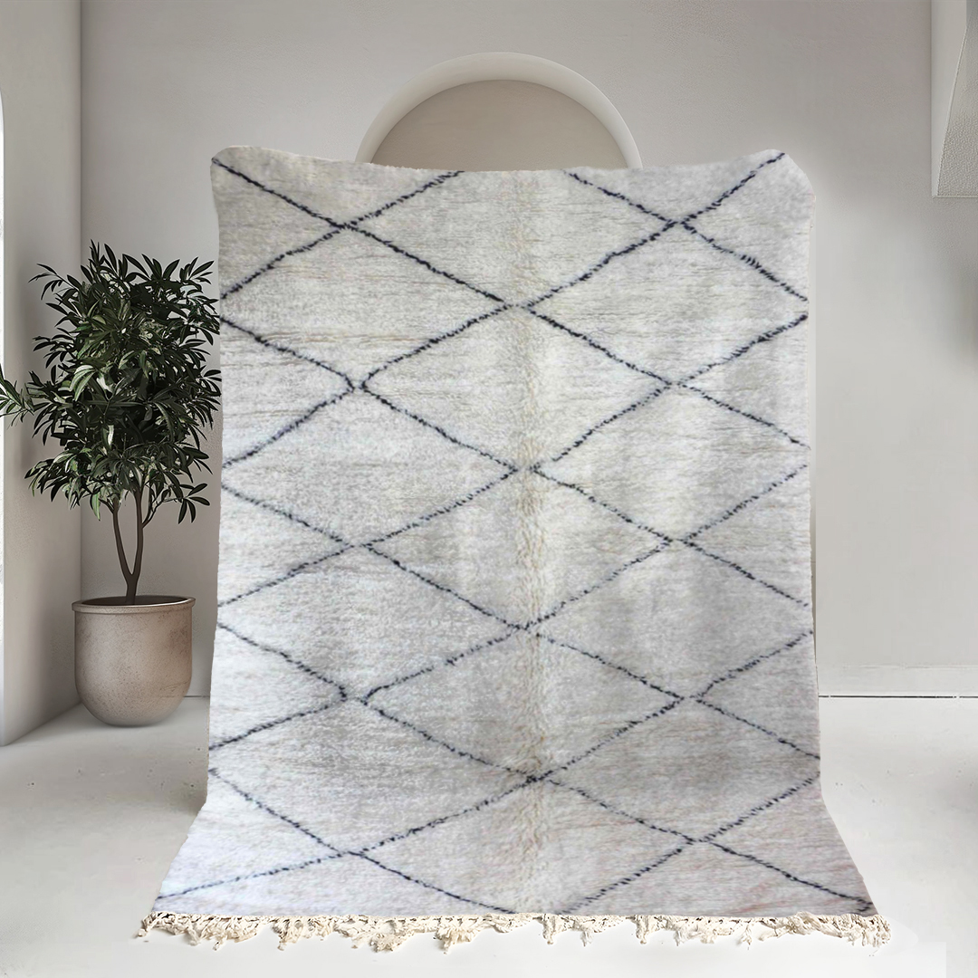 Moroccan custom rug from Beni Ourain, Wool and Thread, White