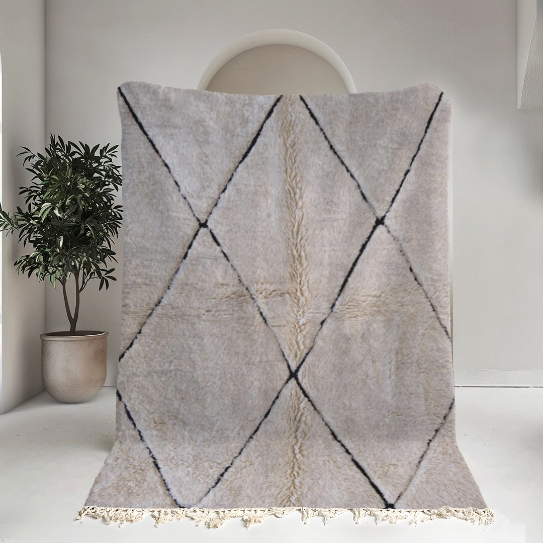 Moroccan custom rug from Beni Ourain, Wool and Thread, black and white