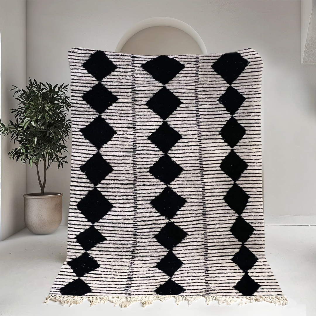 Moroccan custom rug from Beni Ourain, Wool, black and white