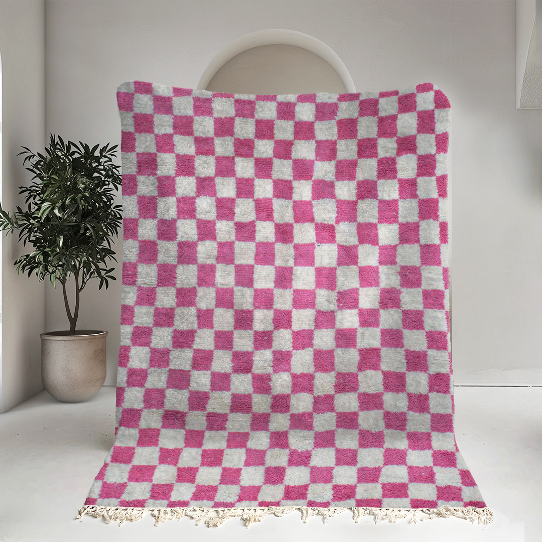 Moroccan custom rug from Beni Ourain, Wool and Thread, Pink