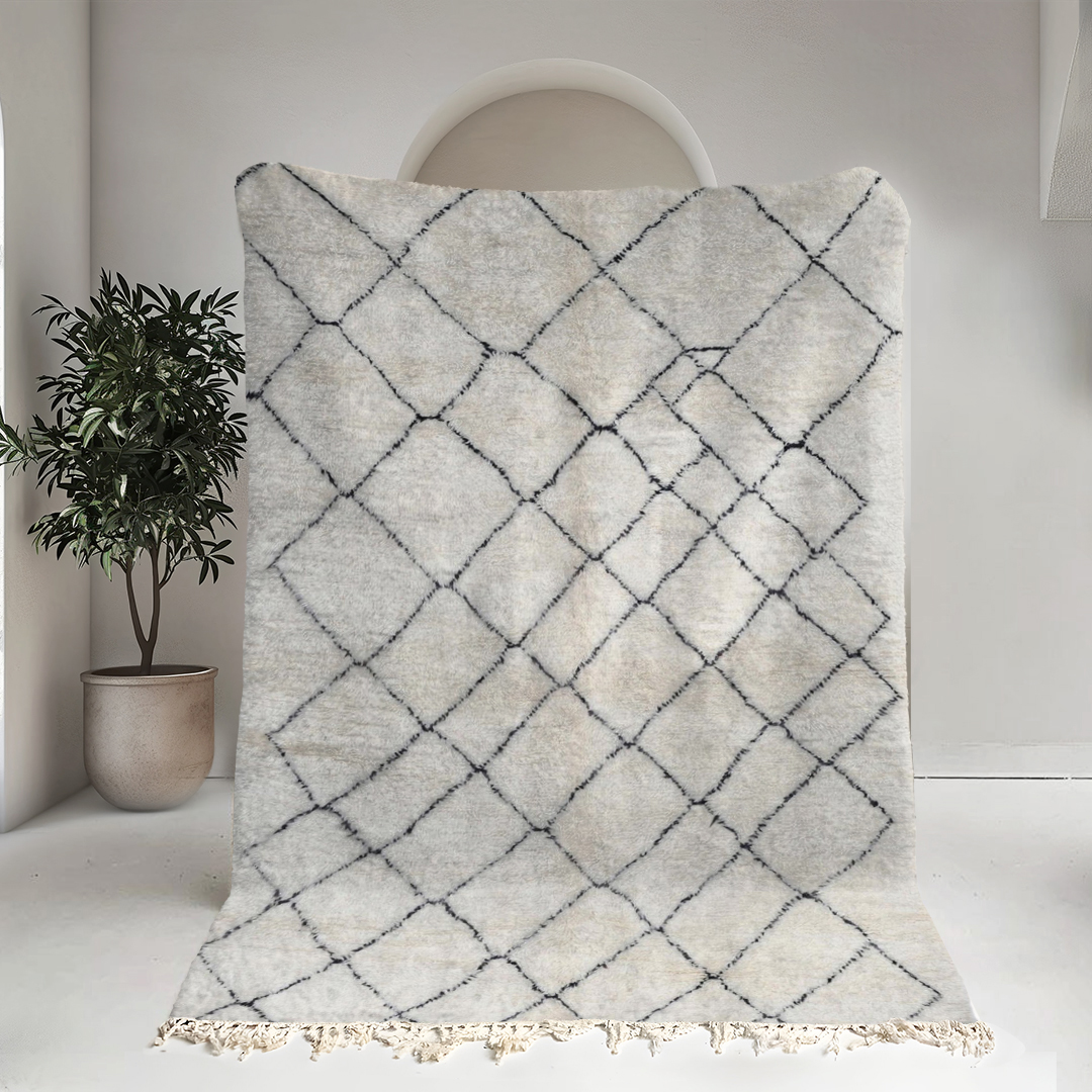 Moroccan custom rug from Beni Ourain, Wool and Thread, black and white