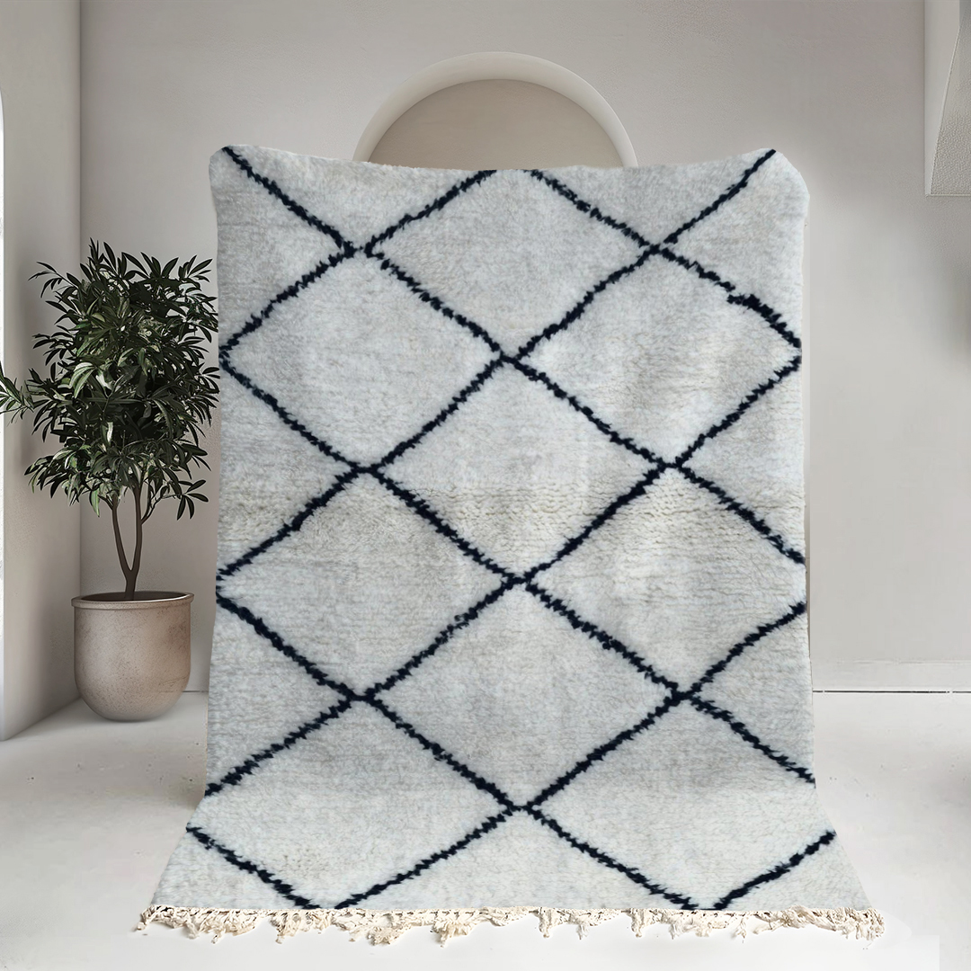 Moroccan custom rug from Beni Ourain, Wool and Thread, White